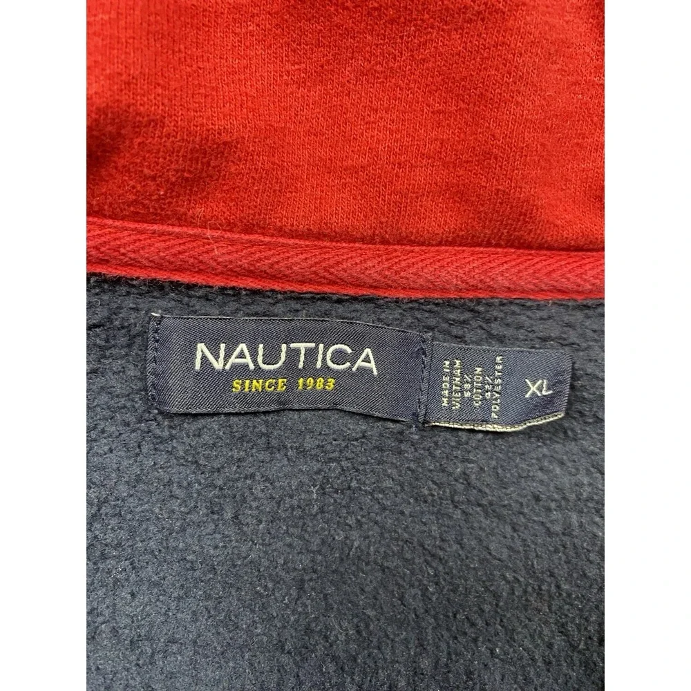 Vintage 90s Nautica Jeans Co Men Quarter Zip Fleece Cotton Navy Blue Sweater XL